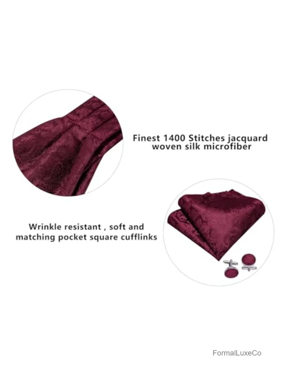 Men's Jacquard Woven Silk Microfiber Cravat & Hanky Set with Cufflinks, Self